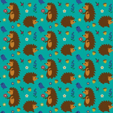 Ormanlık kirpi desenli kuşlar çiçek ve böğürtlen