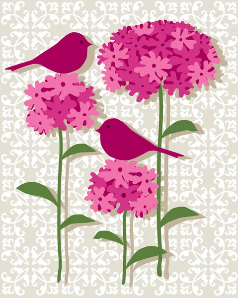 Fleurs roses avec des oiseaux — Image vectorielle