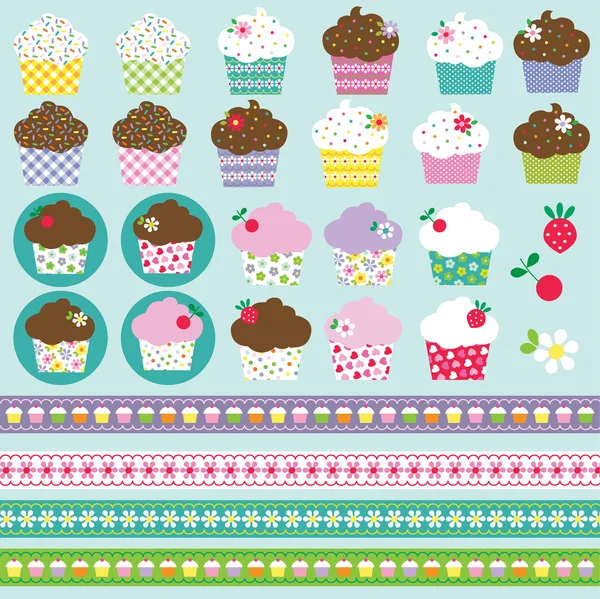 Conjunto de cupcakes con dibujos — Archivo Imágenes Vectoriales