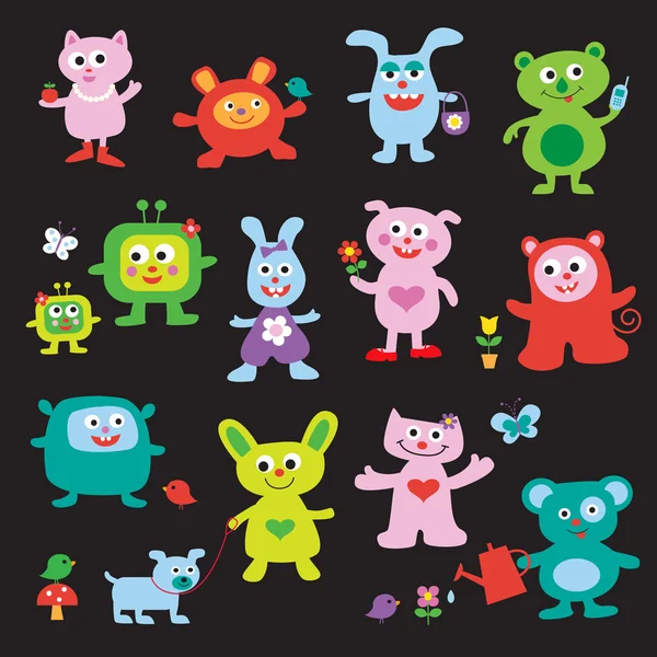 Cute monsters on black — Stock Vector