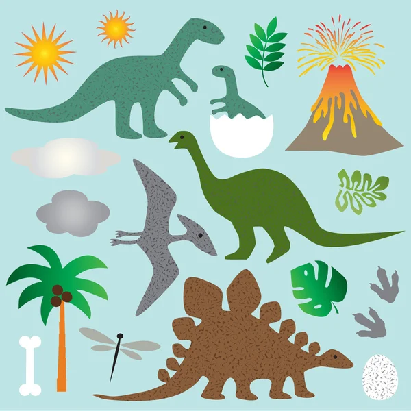 Conjunto de dinosaurios y plantas — Archivo Imágenes Vectoriales