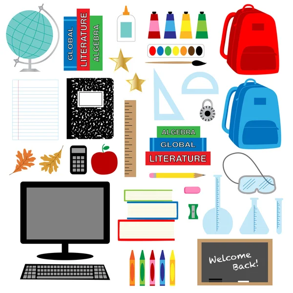 Ensemble d'icônes fournitures scolaires — Image vectorielle