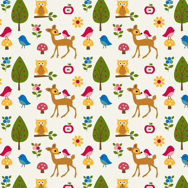 Woodland flora and animals pattern — Stock Vector