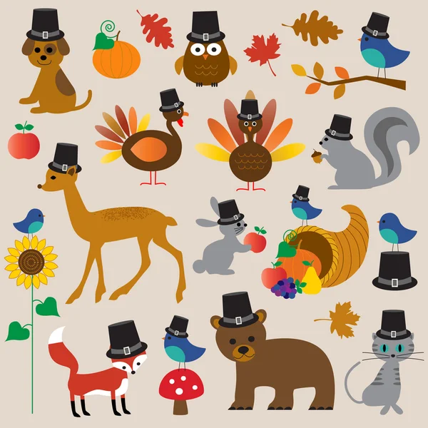 感恩节的动物图标设置 — 图库矢量图片