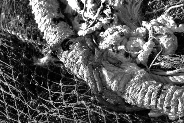 浮标和渔具的聚焦和模糊 海洋纹理的黑白美术摄影 — 图库照片