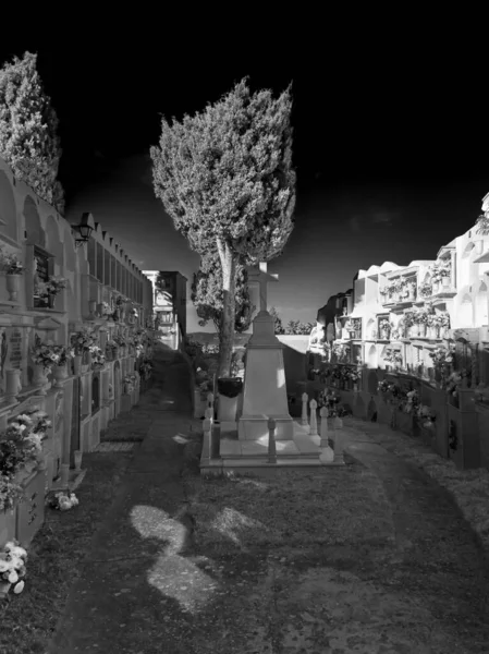 西班牙马拉加典型的白人城镇安达卢西亚城公墓的黑白照片 — 图库照片