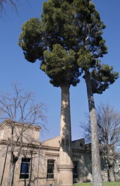 İspanya 'nın Toledo Üniversitesi' nin binalarını barındıran eski bir fabrikanın tuğla bacası.,