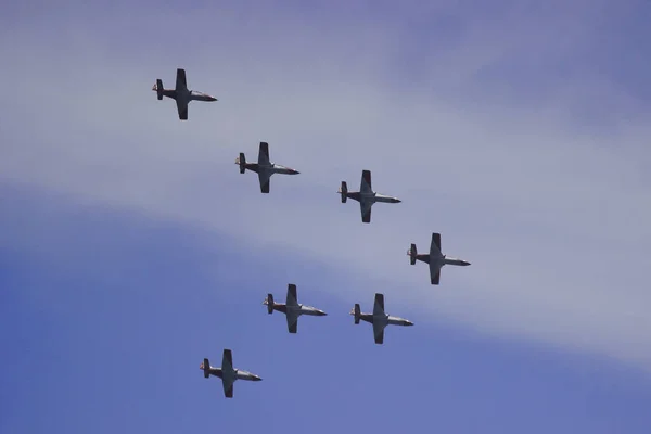 Airplanes Performing Aerial Acrobatics Exhibition Eagle Patrol San Javier Base — Fotografia de Stock