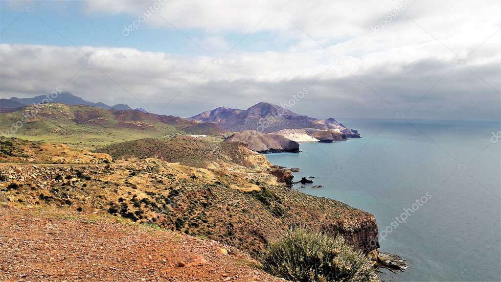 Coal Creek, tongues of lava eroded by the sea, the auto clastic gaps or pyroclastic andesite, beachs, cliffs, the Natural Park of Cabo de Gata, Almera, Andalusia, spain,