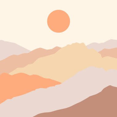 Dağlı estetik manzara. Boho duvar dekoru. Minimalist poster. El çizimi vektör çizimi. Yüzyıl ortası sanat baskısı. Toprak tonları.