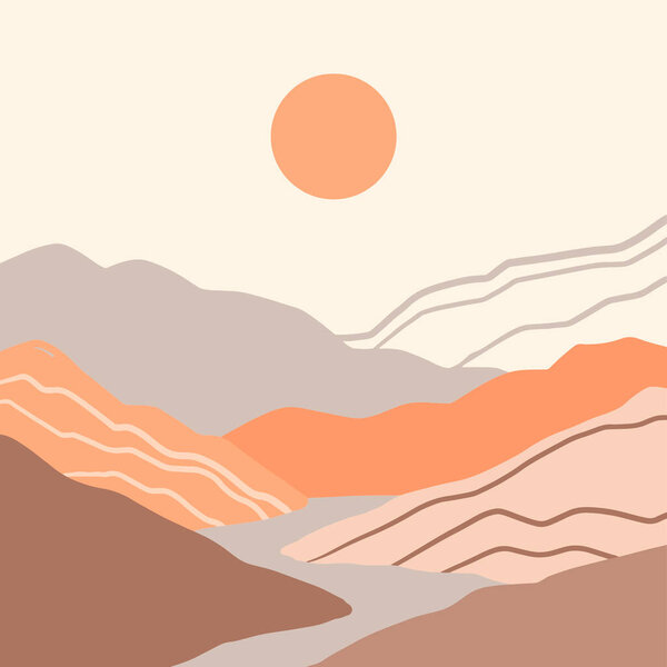  Aesthetic landscape with mountains. Boho wall decor. Minimalist poster. Hand drawn vector illustration. Mid century art print. Earth tones.