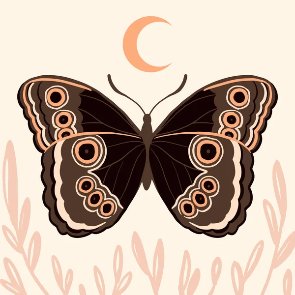 Ilustración Vectorial Con Mariposa Luna Impresión Artística Boho Cartel Moderno — Vector de stock