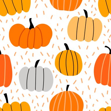  Balkabağıyla kusursuz desen. El çizimi vektör çizimi. Yazdırma, tekstil ve paketleme için sonbahar dokusu