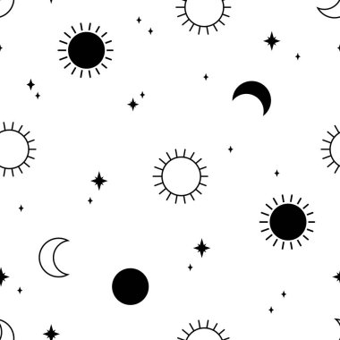 Güneş ve ay ile kusursuz bir desen. Tek renkli vektör çizimi. Yazdırma, tekstil, ambalaj için doku