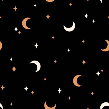 Ay ve yıldızların siyah arkaplanlı kusursuz bir desen. Çağdaş kompozisyon. Boho duvar dekoru. Yüzyıl ortası sanat baskısı. Yazdırma, tekstil, ambalaj için moda