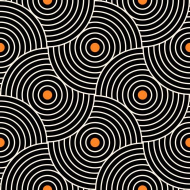 Siyah arkaplanda geometrik şekilleri olan kusursuz desen. Çizgi çalışması. Boho duvar dekoru. Yazdırma, tekstil, ambalaj için doku