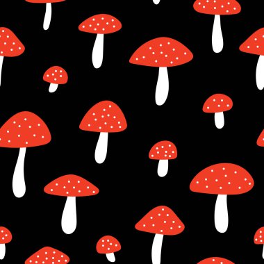 Siyah arka planda sineklik olan pürüzsüz bir desen. El çizimi vektör mantarları. Sonbahar dokusu parmak izi, tekstil, ambalaj