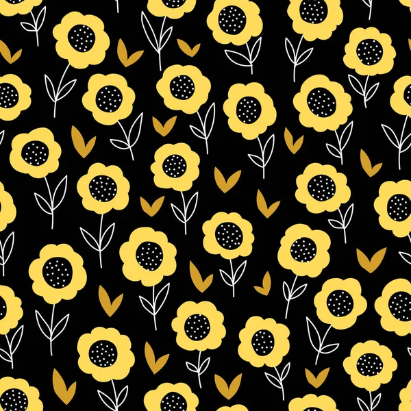 Безшовний Візерунок Жовтими Квітами Чорному Тлі Текстура Намальована Вручну Друку — стоковий вектор