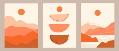 Boho vektörü ayarlandı. Geometrik şekilli çağdaş kompozisyonlar. Soyut manzara. Bohem posteri. Boho duvar dekoru. Yüzyıl ortası sanat baskısı.