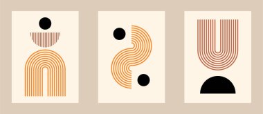 Vektör ayarlandı. Geometrik şekillerle çağdaş kompozisyonlar. Soyut posterler. Boho duvar dekoru. Yüzyıl ortası sanat baskısı. Satır sanatı