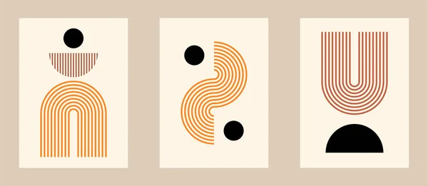 Vektör ayarlandı. Geometrik şekillerle çağdaş kompozisyonlar. Soyut posterler. Boho duvar dekoru. Yüzyıl ortası sanat baskısı. Satır sanatı
