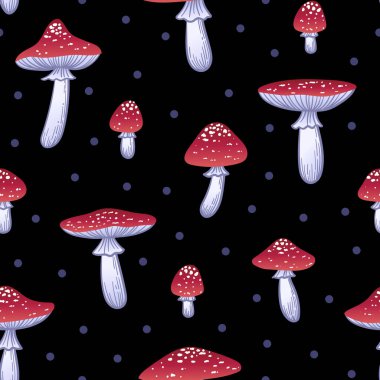 Seamless pattern with fly agaric on black background. Hand drawn vector mushrooms. Texture fot print, textile, packaging. Hand drawn vector illustration. Red poisonous mushroom.