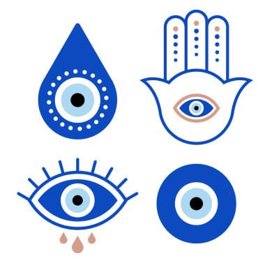 Evil eyes collection. Vector set of protection talismans. Line art. Vector blue icons. clipart