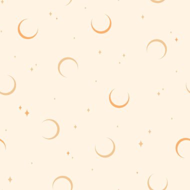 Ayın ve yıldızların siyah arka planda olduğu kusursuz bir düzen. Çağdaş kompozisyon. Boho duvar dekoru. Vektör çizimi. Yüzyıl ortası sanat baskısı. Baskı, tekstil ve ambalaj için moda. Bohem sanatı