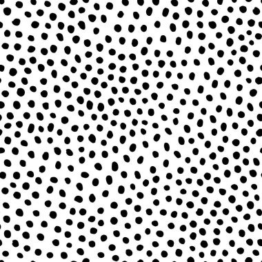 El çizimi pürüzsüz desen. Beyaz arka planda siyah noktalar. Puantiyeli desen. Yazdırma, tekstil, ambalaj için moda.