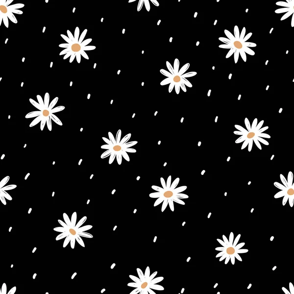 Безшовний Візерунок Ромашки Крихітні Білі Квіти Чорному Пунктирному Фоні Рука — стоковий вектор