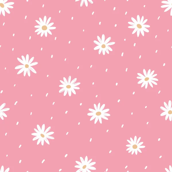 Chamomile Seamless Pattern Tiny White Flowers Pink Background Hand Drawn — Stock Vector