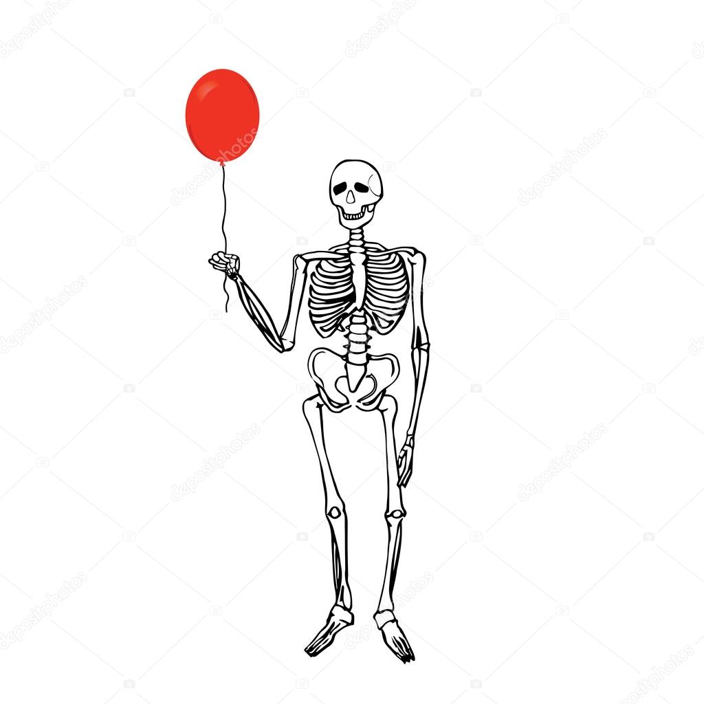 Joyful skeleton that keeps the balloon.