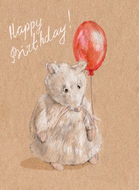 Parlak kırmızı balon ile sevimli bir beyaz fare