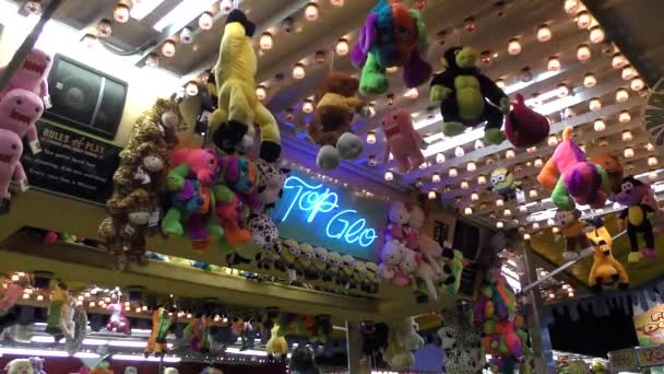 Carnival Arcade Games Winning Stuffed Animal Prizes Take Home — Stock Video