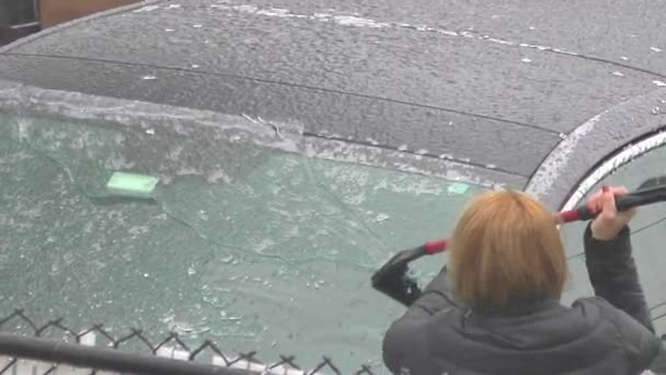 Mujer Hielo Raspaduras Coche Parabrisas Después Fría Tormenta Invierno — Vídeo de stock