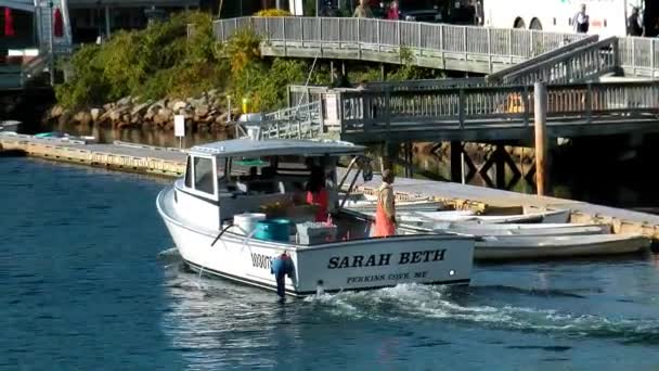 Fishing boat leaves pier, motor sound — Stock Video