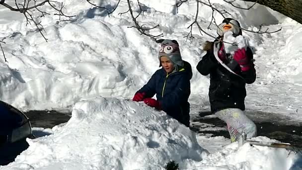 Los niños lanzan bolas de nieve — Vídeo de stock