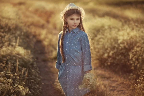 Prachtige kleine meisje enjoing zonsondergang op het gebied van bloemen — Stockfoto