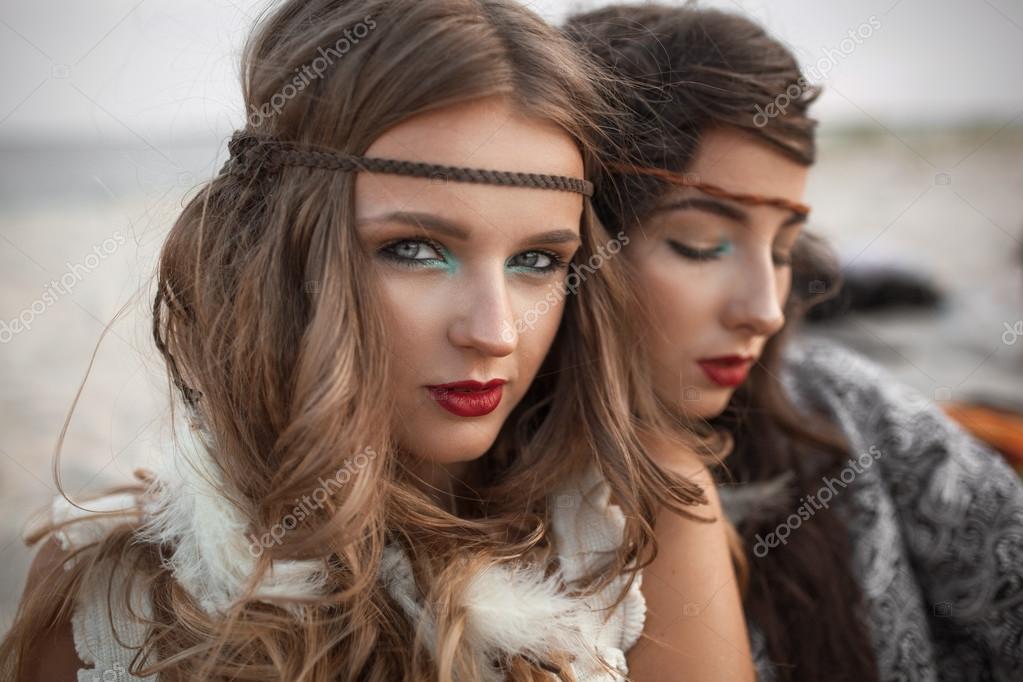 Hippie Hair Dos Fashion Portrait Of Two Hippie Girls Outside