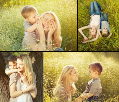Collage of baby boy and his mother plaing in the park. Happy fam clipart