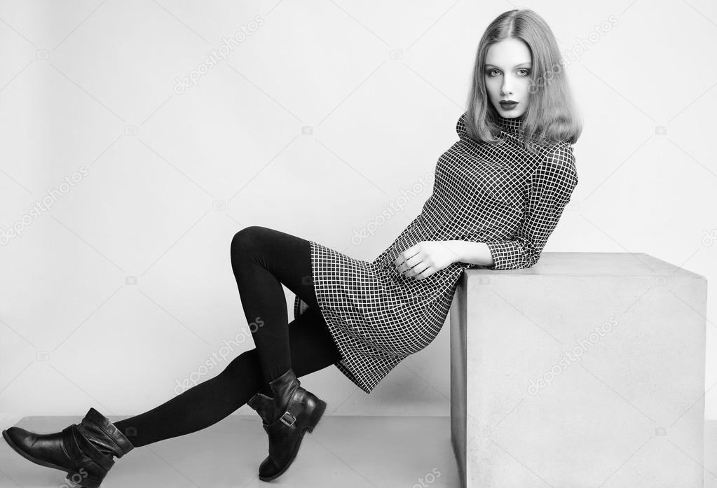 Fashion portrait of young beautiful female model with perfect ma