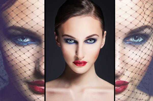 Nära håll skönhet collage av vackra underbara kvinna ansikte med pe — Stockfoto
