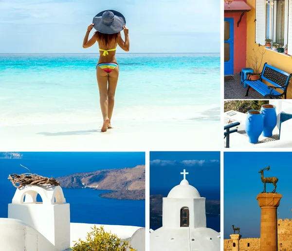 Hollydays na Grécia. Mulher bonita de pé no paraíso do preguiçoso — Fotografia de Stock