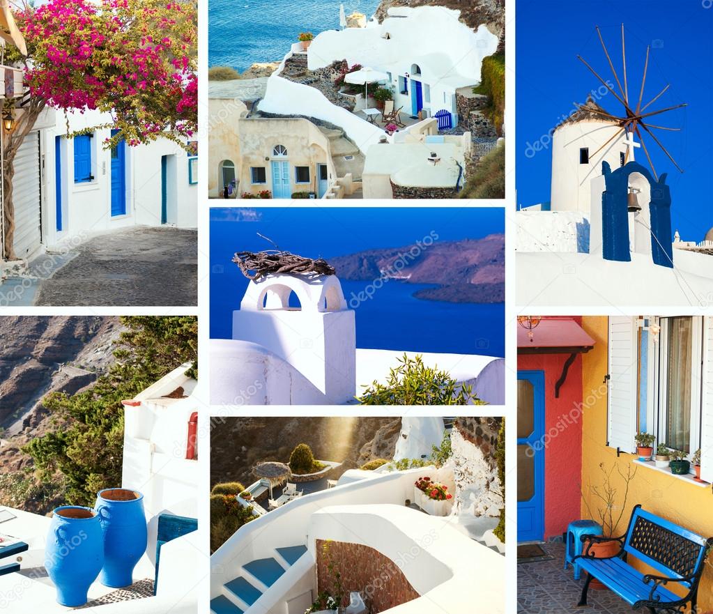 Set of summer travel photos in Santorini island, Greece. Collage