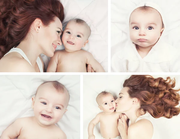 Mutlu aile comcept. Genç anne ve onun bebek smili kolaj