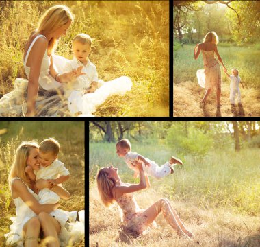 Mutlu aile kavramı. Genç anne ve onun oğlu plaing ve sahip