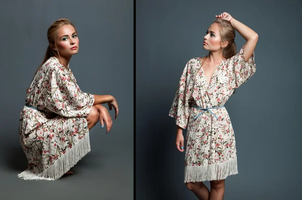 Collage de moda de mujer hermosa en vestido floral . — Foto de Stock