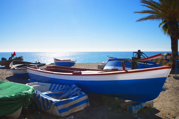 The Fishing Boats on the Burriana Beach at Nerja on the Costa del Sol in Spain — Stock Photo, Image