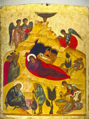Russian icon of the nativity is an icon from Gostinopolye Church of St. Nicholas. Part of the collection in the Leoni Montanari museum in Vincenza Italy which has a superb collection of Russian icons clipart