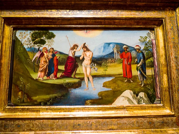 Painting the Baptism of Christ by Francesco Francia, Bologna 1490 now in Lisbon Portugal. As the artist has been dead for over 75 year no copyright issues apply